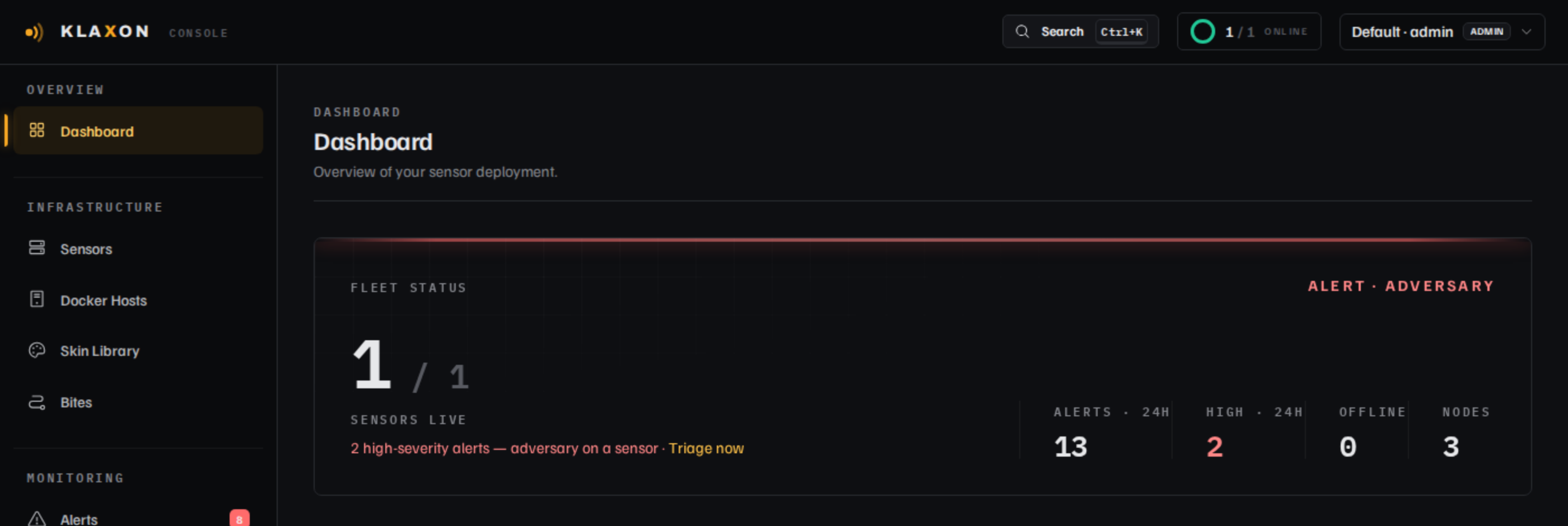 Klaxon console: the dashboard with the fleet-status verdict reading ALERT, adversary on a sensor, and gauges for alerts, high severity, offline sensors and nodes